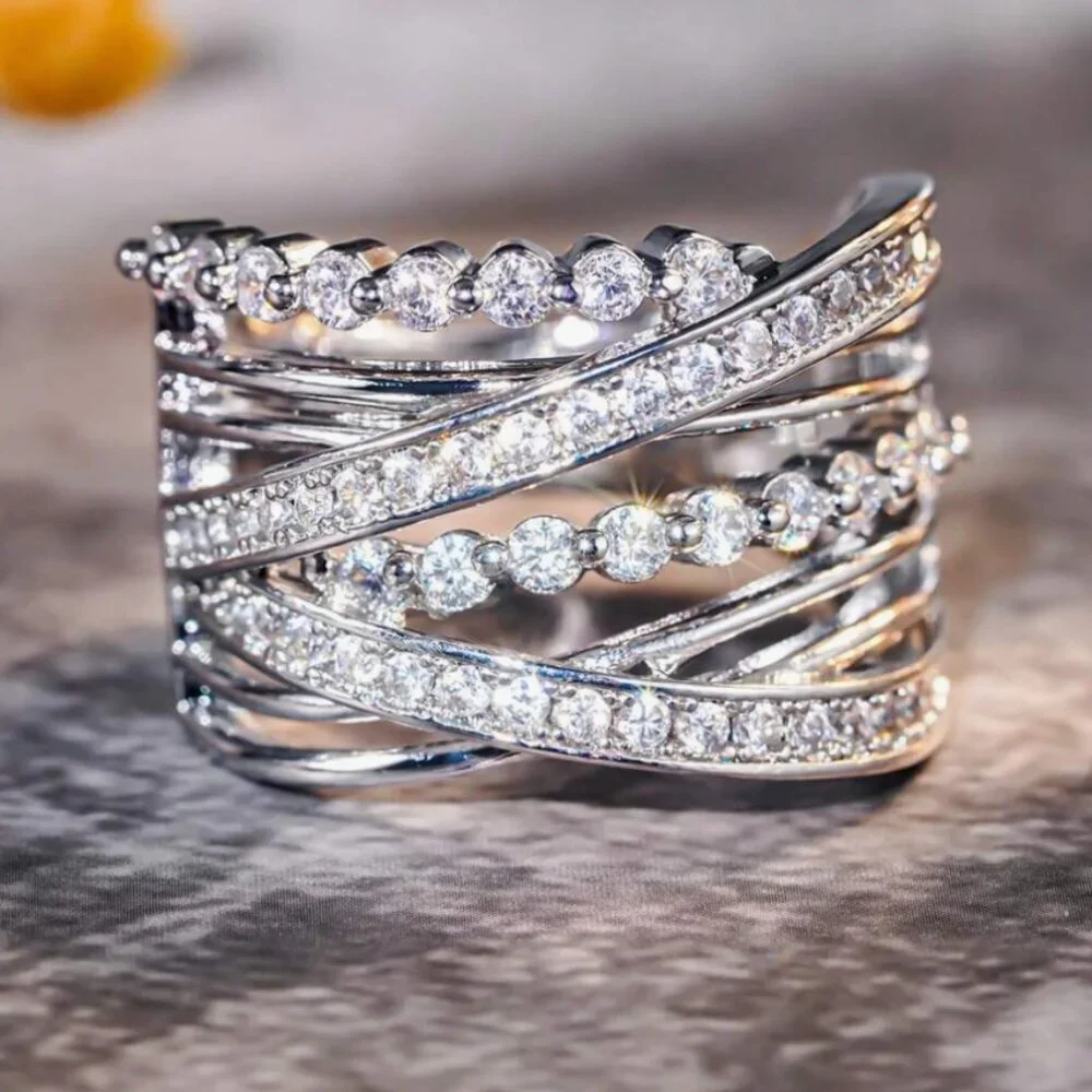 NEW 18k White Gold Diamond Ring Layer Wide Ring Band_2
